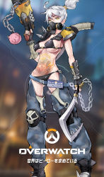 Rule 34 | 1girl, absurdres, animal print, arm wrap, armor, bandaged arm, bandages, belt, bikini, black bikini, black footwear, black gloves, blue belt, boots, breasts, captain chengsi, chain, chaps, collarbone, copyright name, covered erect nipples, covered mouth, cross-laced footwear, detached pants, fingerless gloves, gas mask, gauntlets, genderswap, genderswap (mtf), gloves, gluteal fold, grapnel, grey hair, groin, gun, hair ornament, hair tie, hand up, handgun, highres, holding, holding gun, holding weapon, hook, lace-up boots, large breasts, looking at viewer, mask, overwatch, overwatch 1, pants, pauldrons, pig, pig print, pig tattoo, plate, ponytail, roadhog (overwatch), short hair, shoulder armor, skull, solo, spikes, stomach, stomach tattoo, swimsuit, tattoo, tire, underboob, weapon, weapon on back, white hair, yellow eyes