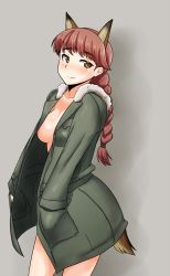 Rule 34 | 1girl, alexandra serbanescu, animal ears, blush, braid, breasts, brown eyes, coat, dog ears, dog tail, hands in pockets, kunashiri (etorofu), long hair, medium breasts, naked coat, nipples, red hair, scar, scar across eye, scar on face, solo, strike witches, tail, world witches series