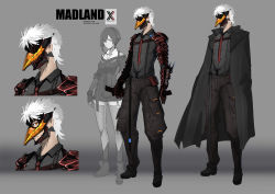 Rule 34 | 1boy, 1girl, absurdres, bird/binary, breasts, character name, ciel (bird/binary), cloak, cyborg, gloves, gradient background, hair behind ear, highres, las91214, looking at viewer, madland, mask, medium breasts, military, orange eyes, red eyes, red gloves, science fiction, short hair, standing, thighhighs, white hair