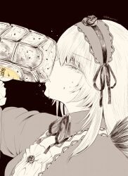 Rule 34 | 1girl, bottle, breasts, chugging, commentary request, detached collar, dress, drinking, eyelashes, feathered wings, frilled dress, frilled hairband, frills, greyscale, hair between eyes, hair ribbon, hairband, half-closed eyes, highres, holding, holding bottle, kiru (m putorius), lolita hairband, long bangs, long hair, looking at viewer, looking to the side, medium breasts, monochrome, neck ribbon, open mouth, portrait, ribbon, rozen maiden, simple background, solo, suigintou, suntory, twitter username, upper body, wings