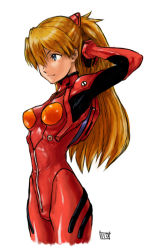 Rule 34 | 1girl, adjusting hair, arm up, blue eyes, bodysuit, bracer, breasts, brown hair, cowboy shot, curvy, from side, gloves, hair ornament, hair over one eye, latex, light smile, neon genesis evangelion, orange hair, plugsuit, red bodysuit, signature, simple background, small breasts, smile, solo, souryuu asuka langley, turtleneck, white background, wide hips