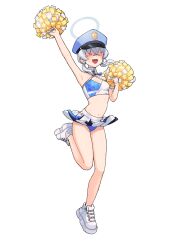 Rule 34 | 1girl, 28 (282teeth), absurdres, alternate costume, arm up, armpits, blue archive, blue hair, blue panties, breasts, cheerleader, cleavage, eyes in shadow, fang, full body, halo, hat, highres, holding, holding pom poms, light blue hair, millennium cheerleader outfit (blue archive), miniskirt, navel, outstretched arm, panties, peaked cap, pom pom (cheerleading), pom poms, shoes, simple background, skirt, small breasts, smile, sneakers, solo, standing, standing on one leg, sweatdrop, twintails, underwear, valkyrie police academy student (blue archive), white background