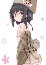 Rule 34 | 1girl, amano kouki, animal, bare shoulders, black hair, blush, bra, brown bra, brown hat, brown jacket, brown skirt, chinese zodiac, closed mouth, commentary request, garter straps, hair between eyes, hat, highres, jacket, long hair, looking at viewer, looking to the side, note-chan, off shoulder, original, pig, pig hat, pig tail, pleated skirt, purple eyes, simple background, skirt, smile, solo, tail, underwear, white background, year of the pig