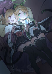 2girls :d absurdres animal_ear_headphones animal_ears black_shorts black_skirt black_thighhighs blonde_hair blue_archive blue_necktie blunt_bangs blush bow cat_ear_headphones cat_ears cat_tail collared_shirt couch dutch_angle eye_contact eyelashes fake_animal_ears fake_tail foot_out_of_frame frilled_skirt frills green_bow green_eyes green_halo hair_bow halo handheld_game_console happy headphones heads_together highres hiyayakko_(jfky2528) holding holding_handheld_game_console indoors jacket jacket_partially_removed knees_together_feet_apart long_sleeves looking_at_another midori_(blue_archive) miniskirt momoi_(blue_archive) multiple_girls necktie night nintendo_switch no_shoes on_couch open_mouth parted_lips pink_eyes pink_halo pleated_skirt red_bow shirt short_hair shorts siblings side-by-side sisters skirt smile tail thighhighs twins white_jacket white_shirt wide_sleeves zettai_ryouiki