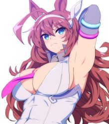Rule 34 | 1girl, ahoge, animal ears, arm up, armpits, blue eyes, breasts, brown hair, cleavage, closed mouth, collared shirt, covered navel, elbow gloves, expressionless, eyelashes, female focus, frown, gloves, hair ornament, highres, horse ears, horse girl, huge ahoge, large breasts, long hair, mamiyama, mihono bourbon (umamusume), necktie, open clothes, pink necktie, shirt, simple background, solo, umamusume, wavy hair, white background
