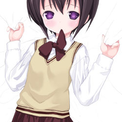 Rule 34 | 00s, 1girl, bamboo blade, black hair, bow, bowtie, cowboy shot, kawazoe tamaki, kiira, long sleeves, looking at viewer, mouth hold, purple eyes, red bow, red bowtie, red skirt, school uniform, serafuku, short hair, simple background, skirt, solo, sweater vest, upper body, white background