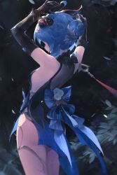 Rule 34 | 1girl, ahoge, arms up, back bow, bare shoulders, black background, black bow, black gloves, black sleeves, blue bow, blue dress, blue hair, bow, breasts, closed eyes, commentary, cowboy shot, detached sleeves, dress, english commentary, facing away, falling petals, flower, foreshortening, from behind, ganyu (genshin impact), ganyu (twilight blossom) (genshin impact), genshin impact, gloves, goat horns, hair bun, hair ornament, hand on own head, highres, horns, juffles, medium breasts, official alternate costume, official alternate hairstyle, petals, sideless dress, single hair bun, sleeveless, sleeveless dress, solo, tassel, thighlet, thighs, two-tone dress, white flower