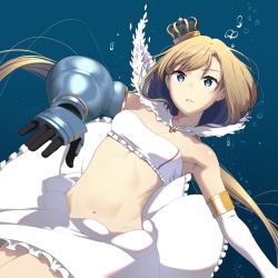 Rule 34 | 1girl, air bubble, bare shoulders, belt bra, blonde hair, blue background, blue eyes, bra, breasts, bubble, cleavage, commentary request, eight tohyama, elbow gloves, gauntlets, gloves, highres, long hair, looking at viewer, medium breasts, navel, original, parted lips, single gauntlet, skirt, solo, underwater, underwear, very long hair, white bra, white gloves, white skirt