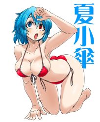 Rule 34 | 1girl, all fours, alternate costume, aono3, armpits, ass, bikini, blue eyes, blue hair, breasts, character name, eyebrows, eyes visible through hair, full body, hair between eyes, hand up, hanging breasts, heterochromia, large breasts, matching hair/eyes, open mouth, red bikini, red eyes, shiny skin, short hair, simple background, solo, string bikini, swimsuit, tatara kogasa, text focus, thick eyebrows, thighs, touhou, translation request, white background, wide hips