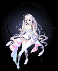Rule 34 | 1girl, ahoge, arm support, back bow, black background, black bow, black butterfly, black flower, boots, bow, breasts, bug, butterfly, butterfly on hand, cleavage, closers, crescent, cross-laced footwear, cross tie, detached collar, dress, dress bow, ear ornament, flower, footwear bow, frilled bracelet, full body, hair between eyes, hair bow, hand up, high heel boots, high heels, highres, insect, knee boots, lace, lace-trimmed legwear, lace-up boots, lace trim, large breasts, levia (closers), long hair, no pupils, official art, pink bow, pointy ears, purple eyes, short dress, sitting, sleeveless, sleeveless dress, smile, solo, striped clothes, striped dress, tachi-e, thighhighs, twintails, vertical-striped clothes, vertical-striped dress, very long hair, white bow, white dress, white footwear, white hair, white thighhighs