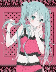 Rule 34 | 1girl, :/, aqua hair, azuki (ckxs7444), bare shoulders, black frills, blush, camisole, collarbone, flat chest, frill trim, frills, hatsune miku, highres, holding, holding own hair, lace background, long hair, looking at viewer, messy hair, midriff, navel, pink background, pink camisole, playing with own hair, polka dot, polka dot background, polka dot camisole, romeo to cinderella (vocaloid), solo, sparkling eyes, twintails, vocaloid