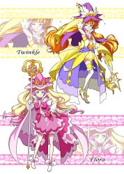 Rule 34 | 2girls, absurdres, adapted costume, alternate costume, amanogawa kirara, bare shoulders, blonde hair, boots, bow, cape, character name, choker, commentary request, cure flora, cure twinkle, dress, earrings, eyelashes, go! princess precure, gradient hair, green eyes, hair ornament, happy, haruno haruka, hat, highres, jewelry, large hat, long hair, long sleeves, looking at viewer, magical girl, mahou girls precure!, matatabi (karukan222), multicolored hair, multiple girls, one eye closed, orange dress, orange hair, pink bow, pink dress, pink hair, precure, puffy long sleeves, puffy sleeves, purple eyes, smile, staff, standing, thighhighs, thighs, two-tone hair, very long hair, witch, witch hat