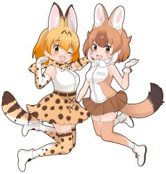Rule 34 | 2girls, animal ears, belt, blonde hair, bow, bowtie, brown hair, cat ears, cat girl, cat tail, dhole (kemono friends), elbow gloves, extra ears, gloves, jumping, kemono friends, kemono friends 3, kneehighs, looking at viewer, multiple girls, official art, one eye closed, open mouth, serval (kemono friends), shirt, shoes, short hair, skirt, sleeveless, sleeveless shirt, socks, tachi-e, tail, transparent background, wolf ears, wolf girl, wolf tail, yoshizaki mine (style)