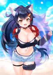 Rule 34 | 1girl, :d, absurdres, animal ears, azur lane, bad id, bad twitter id, bare shoulders, bikini, bikini under clothes, black choker, black hair, black jacket, blue shorts, breasts, brown eyes, choker, cleavage, cloud, collarbone, cowboy shot, day, denim, denim shorts, front-tie bikini top, front-tie top, hair ornament, hairclip, highres, holding, hololive, horizon, innertube, jacket, large breasts, lens flare, long hair, long sleeves, looking at viewer, navel, ocean, ookami mio, ookami mio (hololive summer 2019), open clothes, open fly, open jacket, open mouth, outdoors, ponytail, reel (riru), short shorts, shorts, side-tie bikini bottom, sky, smile, solo, stomach, swim ring, swimsuit, tail, tail wrap, thigh strap, very long hair, virtual youtuber, water, white bikini, wolf ears, wolf girl, wolf tail