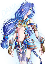 Rule 34 | 1girl, armor, benizuwai, blue hair, blue panties, breasts, character name, closed mouth, dana (ys), faulds, floating hair, green eyes, hair over one eye, hair ribbon, long hair, midriff, navel, panties, ribbon, see-through, see-through sleeves, small breasts, smile, solo, standing, stomach, twintails, underboob, underwear, very long hair, white background, white ribbon, ys, ys viii lacrimosa of dana