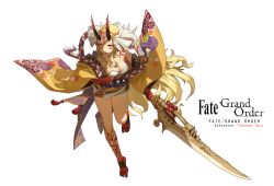 Rule 34 | 1girl, absurdres, bare shoulders, barefoot, belt, black nails, blonde hair, breasts, character name, cleavage, copyright name, facial mark, fate/grand order, fate (series), floral print, full body, headwear request, highres, holding, holding sword, holding weapon, horns, ibaraki douji (fate), japanese clothes, kimono, long hair, nail polish, oni, oni horns, open mouth, simple background, solo, sword, tattoo, weapon, white background, yellow eyes, yuzhou xingshi bu li dong ni
