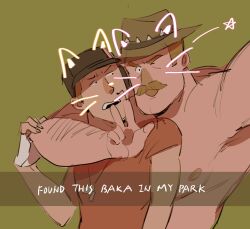 Rule 34 | 2boys, arm hair, arms around neck, bara, blonde hair, citrus0lemon, cowboy hat, drawn ears, drawn whiskers, english text, green background, hat, headset, highres, large pectorals, long sideburns, looking at another, male focus, mature male, multiple boys, muscular, muscular male, pectorals, saxton hale, scout (tf2), short hair, sideburns, simple background, size difference, team fortress 2, thick mustache, upper body, v