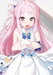 Rule 34 | 1girl, absurdres, angel wings, armpits, bare shoulders, black eyes, blue archive, blue bow, blush, bow, crescent, dress, hair bun, halo, highres, long hair, looking at viewer, low wings, mika (blue archive), open mouth, pink hair, single hair bun, single side bun, sleeveless, sleeveless dress, solo, sweat, tananne, very long hair, white dress, wide-eyed, wings