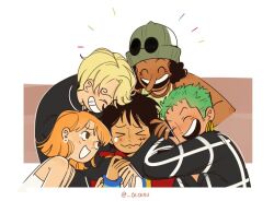 Rule 34 | 1girl, 4boys, ^ ^, black hair, blonde hair, brown eyes, cesel, closed eyes, comforting, curly hair, dark-skinned male, dark skin, earrings, green hair, grin, group hug, hat, hug, jewelry, looking at another, monkey d. luffy, multiple boys, nami (one piece), one piece, one piece (live action), open mouth, orange hair, roronoa zoro, sanji (one piece), scar, smile, tan, tearing up, twitter username, usopp