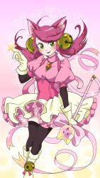 Rule 34 | 1girl, animal ears, bell, boots, cat ears, cat tail, gloves, green eyes, highres, jingle bell, long hair, mad mew mew, magical girl, pink hair, pink ribbon, puffy short sleeves, puffy sleeves, ribbon, short sleeves, skirt, smile, solo, tail, undertale, white footwear, white gloves