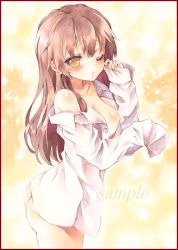 Rule 34 | 1girl, :o, ass, bad id, bad pixiv id, blush, border, bottomless, breasts, brown hair, cleavage, colored pencil (medium), gradient background, hands in opposite sleeves, large breasts, long hair, looking at viewer, marker (medium), naked shirt, off shoulder, one eye closed, open clothes, open shirt, orange background, orange eyes, original, painting (medium), potto, potto (minntochan), sample watermark, shirt, solo, traditional media, watercolor (medium), watermark