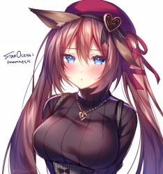 Rule 34 | 1girl, animal ear fluff, breasts, hat, jewelry, long hair, looking at viewer, necklace, simple background, solo, sorai shin&#039;ya, star ocean, star ocean anamnesis, white background