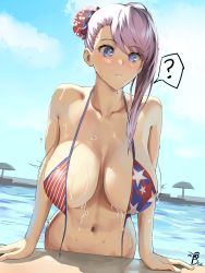 Rule 34 | 1girl, ?, absurdres, arm support, asymmetrical hair, bare shoulders, bikini, blinkblink art, blue eyes, blue sky, blush, breasts, bun cover, cleavage, closed mouth, collarbone, day, fate/grand order, fate (series), front-tie bikini top, front-tie top, highres, large breasts, long hair, looking at viewer, miyamoto musashi (fate), miyamoto musashi (fate/grand order), miyamoto musashi (swimsuit berserker) (fate), navel, outdoors, partially submerged, pink hair, pool, print bikini, sky, solo, speech bubble, spoken question mark, star (symbol), star print, stomach, swimsuit, untied bikini, wardrobe malfunction, water, wet