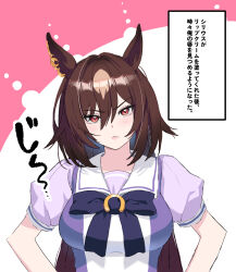 Rule 34 | 1girl, acaa, animal ears, bare arms, bow, brown hair, closed mouth, commentary request, eyelashes, hair between eyes, hands on own hips, head tilt, horse ears, jewelry, light blush, light brown hair, lips, long hair, looking at viewer, multicolored hair, puffy short sleeves, puffy sleeves, raised eyebrow, red eyes, sailor collar, school uniform, shirt, short sleeves, sirius symboli (umamusume), solo, staring, tracen school uniform, translation request, two-tone hair, umamusume, upper body, v-shaped eyebrows, very long hair