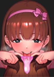 Rule 34 | 1girl, blunt bangs, blush, breath, brown hair, buta tsuzumi, commentary request, condom, cum, cum in mouth, cum on tongue, drinking from condom, dripping, gokkun, green eyes, hairband, highres, holding, holding condom, idolmaster, idolmaster cinderella girls, looking at viewer, open mouth, pink hairband, sakuma mayu, saliva, short hair, smile, solo, teeth, tongue, tongue out, upper body, used condom