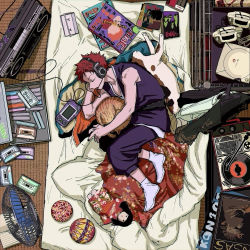 Rule 34 | 1boy, abaraya, ball, bare shoulders, cassette tape, cat, closed eyes, commentary request, doll, electric fan, from above, futon, harai kuko, headset, highres, hypnosis mic, male focus, phonograph, pillow, record, red hair, short hair, socks, stereo