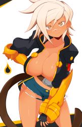 Rule 34 | 1girl, arm at side, artist logo, artist name, belt, black jacket, blazblue, breasts, brown eyes, bullet (blazblue), cleavage, closed mouth, collarbone, colored eyelashes, contrapposto, cowboy shot, cutoffs, dark-skinned female, dark skin, denim, denim shorts, fingerless gloves, gauntlets, glint, gloves, hand on own hip, hanging breasts, head tilt, highres, huge breasts, jacket, jellcaps, leaning forward, looking at viewer, midriff, open clothes, open hand, open jacket, sanpaku, scar, scar on face, unworn shirt, short hair, short shorts, shorts, simple background, smile, swept bangs, tail, thighs, tsurime, white background
