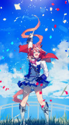 Rule 34 | :d, animal ears, asymmetrical gloves, blue eyes, blue shirt, blue skirt, blue sky, boots, bow, brown hair, cape, cloud, cloudy sky, commentary, confetti, day, floating hair, gloves, grass, hair bow, hand on own hip, highres, horse ears, horse girl, horse tail, index finger raised, long hair, mismatched gloves, multicolored hair, open mouth, outdoors, pink bow, pointing, pointing up, ponytail, red cape, sava (sava 023), shirt, skirt, sky, smile, solo, standing, streaked hair, sunlight, tail, teeth, tokai teio (umamusume), two-tone shirt, two-tone skirt, umamusume, very long hair, white footwear, white gloves, white hair, white shirt, white skirt