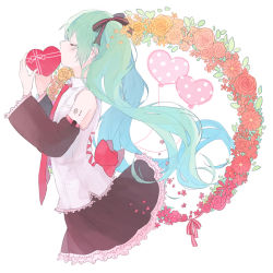 Rule 34 | 1girl, bad id, bad pixiv id, balloon, blue hair, box, chiri (ch!), closed eyes, detached sleeves, expressionless, facing away, floating hair, flower, frilled shirt collar, frilled skirt, frills, hair ribbon, hatsune miku, heart-shaped box, leaf, long hair, necktie, orange flower, orange rose, pink flower, pink necktie, pink ribbon, pink rose, plant, profile, red flower, red rose, ribbon, rose, shirt, simple background, skirt, sleeveless, sleeveless shirt, solo, solo focus, twintails, two-tone ribbon, upper body, very long hair, vocaloid, white background, white shirt