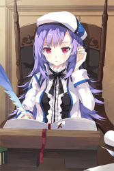 Rule 34 | 1girl, blush, book, chair, coat, dress shirt, feathers, female focus, frills, hat, indoors, long hair, lowres, nyanya, open mouth, pink eyes, purple hair, ribbon, shirt, sitting, solo, sword girls, upper body