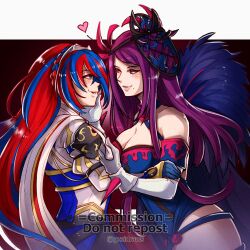 Rule 34 | 2girls, alear (female) (fire emblem), alear (fire emblem), bare shoulders, blue eyes, blue hair, braid, breasts, cleavage, couple, crossed bangs, crown braid, dress, elbow gloves, fire emblem, fire emblem engage, gloves, gzei, heterochromia, highres, ivy (fire emblem), jewelry, large breasts, long hair, mole, mole under mouth, multicolored hair, multiple girls, nintendo, purple eyes, purple hair, red eyes, red hair, split-color hair, two-tone hair, very long hair, white gloves, yuri