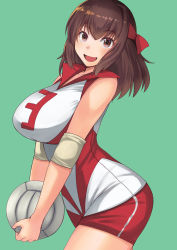 Rule 34 | 1girl, ball, breasts, brown eyes, brown hair, commentary, cowboy shot, elbow pads, girls und panzer, green background, headband, holding, holding ball, kokuriu, kondou taeko, large breasts, looking at viewer, medium hair, open mouth, red headband, red shirt, red shorts, shirt, short shorts, shorts, simple background, single vertical stripe, sleeveless, sleeveless shirt, smile, solo, sportswear, standing, volleyball, volleyball (object), volleyball uniform