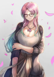 Rule 34 | 1girl, black cardigan, blush, breasts, brown-framed eyewear, brown skirt, cardigan, cleavage, collarbone, cowboy shot, floating hair, glasses, gradient hair, green eyes, green hair, grey background, heart, heart necklace, highres, holding own arm, jewelry, large breasts, long hair, looking at viewer, multicolored eyes, multicolored hair, necklace, ohako (ohako1818), open cardigan, open clothes, original, parted bangs, pink hair, purple eyes, purple hair, shirt, sidelocks, simple background, skirt, smile, solo, very long hair, white shirt, wind