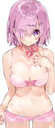 Rule 34 | 1girl, absurdres, alternate costume, arm at side, bare arms, bare shoulders, blush, bra, breasts, cleavage, closed mouth, collarbone, cowboy shot, eyes visible through hair, fate/grand order, fate (series), front-hook bra, front-tie top, gluteal fold, groin, hair between eyes, hair ornament, hair over one eye, hairclip, hand on own chest, highres, kou mashiro, large breasts, lingerie, lips, looking at viewer, mash kyrielight, medium breasts, navel, neck ribbon, panties, pink bra, pink hair, pink panties, pink ribbon, purple eyes, purple hair, ribbon, shiny skin, short hair, shorts, simple background, smile, solo, standing, stomach, tareme, underwear, underwear only, white background