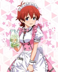 Rule 34 | 1girl, antenna hair, apron, blue eyes, bottle, bow, bowtie, breasts, butterfly ornament, cowboy shot, dot nose, dress, embarrassed, eyelashes, flipped hair, food, frilled apron, frilled skirt, frills, fruit, grabbing own thigh, hair between eyes, holding, holding bottle, ice, idolmaster, idolmaster million live!, idolmaster million live! theater days, julia (idolmaster), lime (fruit), maid headdress, medium breasts, official alternate costume, official art, parted lips, pink bow, pink bowtie, pink dress, pretty waitress (idolmaster), puffy short sleeves, puffy sleeves, red hair, shirt, short hair, short sleeves, shy, sidelocks, skirt, solo, standing, star (symbol), starry background, sweat, thighhighs, upper body, waist apron, waitress, wavy hair, wavy mouth, white apron, white shirt, white thighhighs, wrist cuffs