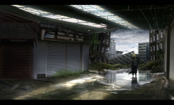 Rule 34 | 1girl, asteroid ill, backpack, bad id, bad pixiv id, bag, blonde hair, building, city, cloud, cloudy sky, dress, highres, indoors, iris (asteroid ill), letterboxed, long dress, long hair, neon lights, original, post-apocalypse, puddle, reflection, ruins, scenery, sky, soaking feet, solo, tent, very wide shot