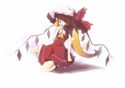 Rule 34 | 1girl, adapted costume, arukiru, bad id, bad pixiv id, blouse, collared shirt, embodiment of scarlet devil, female focus, finger in own mouth, flandre scarlet, hat, kneeling, long hair, red shirt, shirt, simple background, sleeveless, sleeveless shirt, solo, touhou, white background, white hat