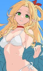 Rule 34 | 1girl, bikini, blonde hair, blue robe, braid, bright pupils, choker, dungeon meshi, elf, green eyes, hair ribbon, hair rings, highres, long hair, looking at viewer, marcille donato, navel, open clothes, open robe, parted lips, pointy ears, red choker, red ribbon, ribbon, robe, serpent (pepepp39), side-tie bikini bottom, solo, swimsuit, upper body, white bikini, white pupils