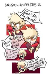 Rule 34 | 10s, 1boy, angry, bakugou katsuki, blonde hair, boku no hero academia, child, crying, animal crossing, english text, handheld game console, nintendo, nintendo 3ds, red hair, sad, simple background, solo focus, speech bubble, spiked hair, text focus, white background