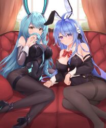Rule 34 | 2girls, absurdres, ahoge, alternate costume, animal ears, arm warmers, azur lane, black leotard, black pantyhose, blue hair, boise (azur lane), boise (sheepish sapphire) (azur lane), bow, bowtie, breasts, couch, covered mouth, curtains, day, detached collar, fake animal ears, hair ornament, covering own mouth, helena (azur lane), high heels, highres, jacket, kyl490, large breasts, leotard, light blue hair, long hair, looking at viewer, mechanical ears, multiple girls, official alternate costume, pantyhose, playboy bunny, purple eyes, purple hair, rabbit ears, red bow, red bowtie, sitting, smelling hair, window, yellow eyes