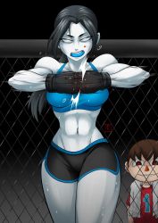 Rule 34 | 1boy, 1girl, abs, absurdres, animal crossing, black hair, blood, blood on face, blunt-katana, boxing gloves, breasts, colored skin, cracking knuckles, evil grin, evil smile, gloves, grey eyes, grin, highres, large breasts, long hair, midriff, mixed martial arts, mouth guard, muscular, muscular female, navel, nintendo, open mouth, ponytail, red eyes, short shorts, shorts, smile, super smash bros., sweat, tank top, thick thighs, thighs, toned, villager (animal crossing), white eyes, white skin, wii fit, wii fit trainer, wii fit trainer (female), you gonna get raped