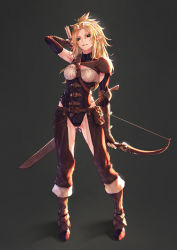 Rule 34 | 1girl, armor, between breasts, blonde hair, boots, bow (weapon), breasts, brown footwear, brown gloves, buckle, chaps, elbow pads, elf, facial scar, fingerless gloves, full body, gloves, gluteal fold, green eyes, grin, highres, holding, holding bow (weapon), holding weapon, leather armor, leotard, long hair, looking at viewer, medium breasts, mugetsu2501, original, parted bangs, pointy ears, pouch, scar, scar on cheek, scar on face, shoulder armor, sidelocks, single elbow pad, smile, solo, standing, strap between breasts, weapon