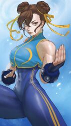 Rule 34 | 1girl, absurdres, annie lyce, bare shoulders, breasts, brown eyes, brown hair, capcom, chun-li, closed mouth, covered navel, double bun, fighting stance, hair between eyes, hair bun, hair ribbon, highres, large breasts, lips, looking at viewer, medium breasts, ribbon, serious, short hair, skin tight, solo, spiked gauntlets, street fighter, street fighter zero (series)