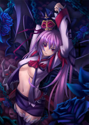 Rule 34 | 1girl, bdsm, blue rose, bondage, bound, breasts, chain, cleavage, crown, evil, flower, glowing, glowing eyes, kaizeru, large breasts, long hair, navel, open clothes, open shirt, otacool, pink hair, purple hair, queen, red eyes, rose, shirt, skirt, solo, stuffed animal, stuffed rabbit, stuffed toy, thighhighs, underboob, zettai ryouiki