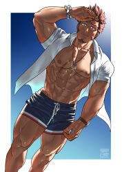 Rule 34 | 1boy, abs, bara, bare pectorals, blue eyes, blue male swimwear, bracelet, closed mouth, facial hair, fate/grand order, fate (series), goatee, highres, jewelry, large pectorals, long sideburns, male focus, male swimwear, monmonhomon, muscular, muscular male, napoleon bonaparte (fate), navel, nipples, open clothes, open shirt, pectorals, shirt, sideburns, smile, solo, watch, white shirt, wristwatch