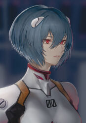 Rule 34 | 1girl, ayanami rei, blue hair, blurry, blurry background, bodysuit, breasts, close-up, closed mouth, commentary, depth of field, expressionless, highres, interface headset, large breasts, lips, looking afar, looking to the side, marumoru, neon genesis evangelion, pale skin, pilot suit, plugsuit, portrait, red eyes, short hair, skin tight, solo, white bodysuit